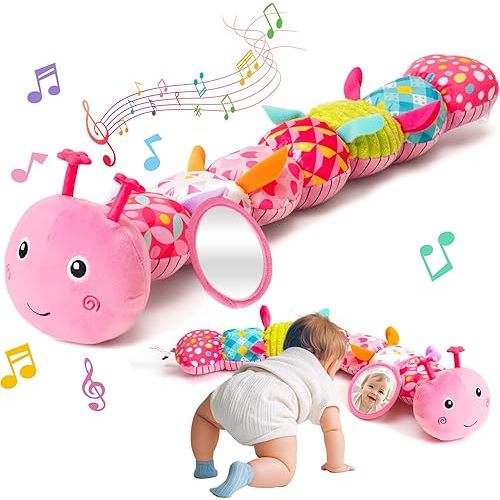 Baby Toys 0-6 Month, Musical Caterpillar Baby Rattle, Plush Sensory Toy with Mirror, Crinkle Textures, Newborn Developmental Tummy Time Stuffed Animal for Infants Boys Girls 6-12 Months (Pink)