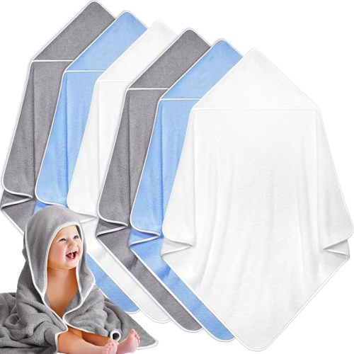 6 Pack 30 x 30 in Hooded Baby Bath Towels, Gray/Beige/Blue