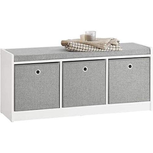 Haotian Entryway Storage Bench with 2 Baskets, Bed Ottoman Storage Cubes, Hallway Livingroom Shoe Bench Shoe Rack Shoe Cabinet with Seat Cushion, Grey, FSR65-DG
