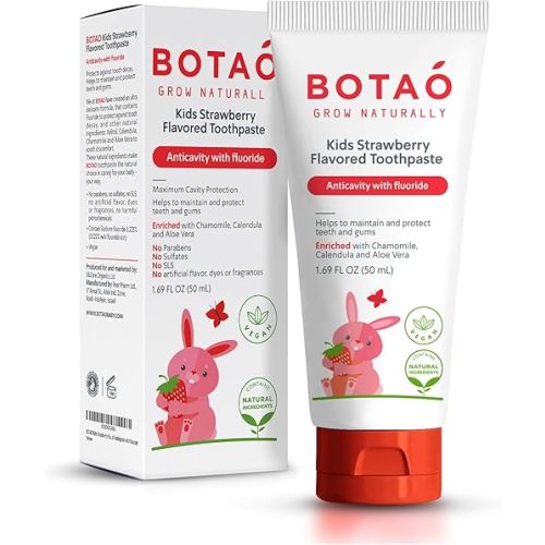 Botao Kids Natural Strawberry Flavored Anticavity Fluoride Toothpaste Maximum Cavity Protection Cleans Children’s Teeth Protects Gums Chamomile Aloe Vera Calendula Xylitol for Ages 2 and Up