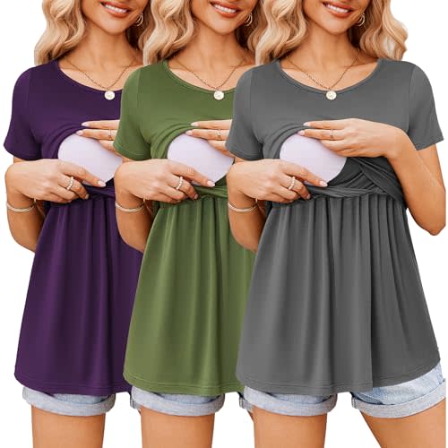 Ekouaer Womens Nursing Tops 3 Packs Short Sleeve Breastfeeding Shirts Double Layer Postpartum Shirt S-XXL
