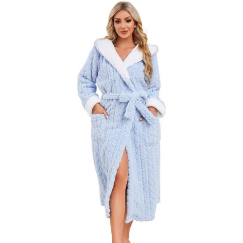 LYCY Womens Plush Hooded Robe, Soft Fluffy Womens Fleece Robe Long Warm Bathrobes for Women