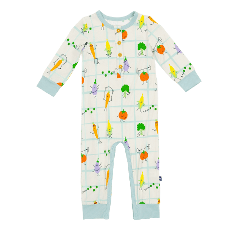Larkspur Baby | Long Sleeve Henley Romper in Veggie Patch Parade – Larkspur Baby Outlet