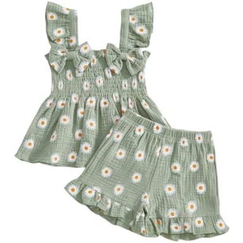 Toddler Baby Girl Outfits Little Girls Summer Spring Clothes Kids Daisy Bow Ruffled Smocked Tank Top + Shorts Set