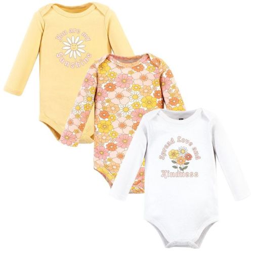 Hudson Baby Infant Girl Cotton Long-Sleeve Bodysuits, Peace Love Flowers, 3-6 Months