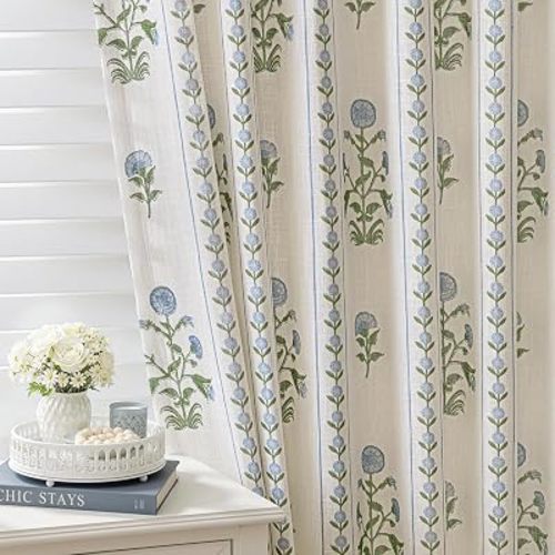 Floral Pinch Pleated Linen Curtains for Living Room Bedroom Dining Room Farmhouse, Light Filtering Memory Trained Luxury Pleat Drapes with Hooks, Blue & Beige White, 40" W x 84" L, 2 Panels