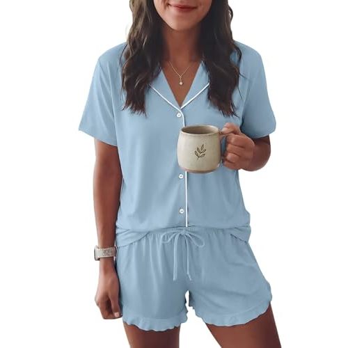 Ekouaer Womens Pajama Sets Button Down Cute Ruffled Pjs Set Sleepwear | Soft 2 Piece Pjs, Lightweight and Stretchy, Notch Collar Tops with Ruffled Shorts, Cute Lounge Sets,XS-3XL