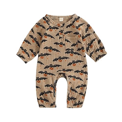 FIOMVA Newborn Baby Girl Boy Halloween Outfit Pumpkin Long Sleeve Romper Onesie Cotton Linen Jumpsuit Fall Winter Clothes