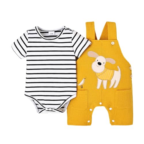 Baby Boy Clothes Infant Summer Outfits Short Sleeve Striped Romper Cute Cartoon Dog Overall Pants Set 2pcs 0-18 Months