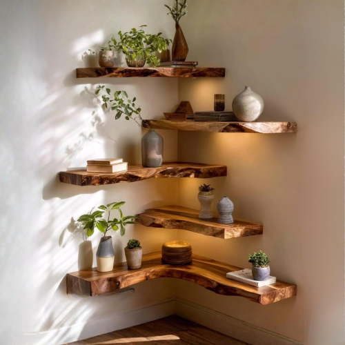 Handcrafted Live Edge Corner Wall Shelf, Rustic Wood Floating Shelf for Home Decor 4398067487