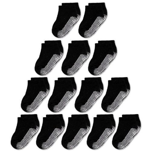 Cozyway Non-Slip Toddler Ankle Socks with Grips, Low Cut Socks for Baby Girls and Boys, 14 Pack Solid Black, 6-12 Months, Unisex