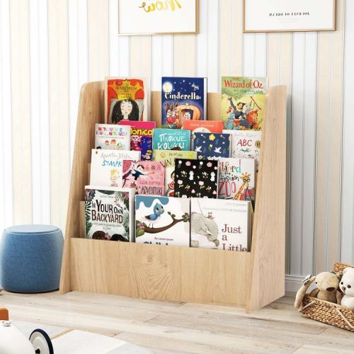 Costway 4-tier Kids Wooden Bookshelf Toddlers Book Rack with Deep Shelves Natural