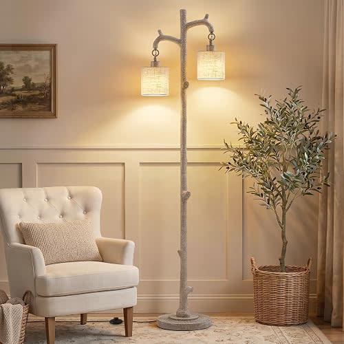 EJIAXIN Floor Lamp for Living Room - 69" Rustic Tree Trunk Standing Lamps - Country Resin Tall Lamp with 2 Reading Light - Farmhouse Floor Lamp for Bedroom Office Home Decor (Grayish White)