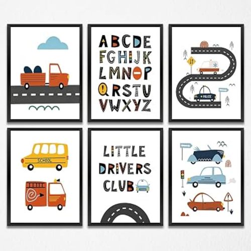 Cartoon Vehicle Prints Wall Art Car Alphabet Posters Nursery Decor Unframed