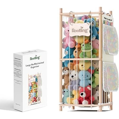 Stuffed Animal Storage & Organizer, 54 inch Tall Wooden Cute Zoo Toy Holder w/Building Block Storage Bag, Premium Wooden Material with Elastic Cord for Toddler Rooms, Playrooms (Small)