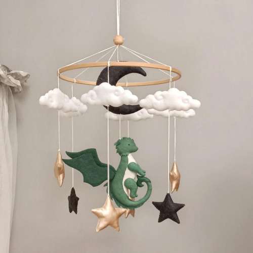 Dragon Baby Mobile for Crib, Neutral Colors with Clouds and Stars