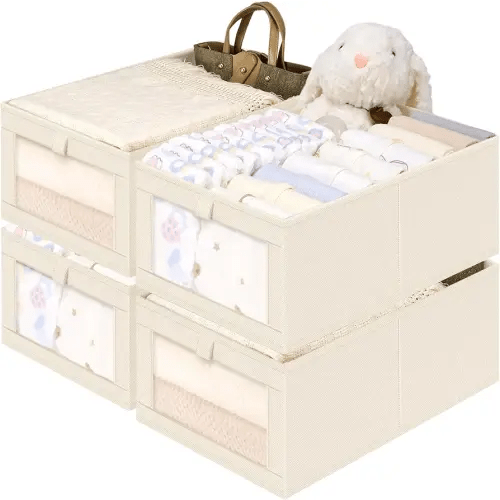 Criusia Closet Organizers and Storage, 4 Pack Linen Closet Baskets with Mesh Window for Organization, Foldable Closet Organizer for Clothing, Towels, Toys, Nursery, Books, Shelves, Beige