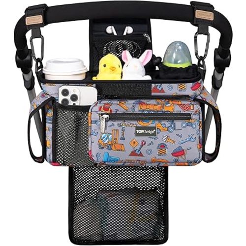 TOPDesign Universal Baby Stroller Organizer, Stroller Caddy with Detachable Mesh Bag & Heightened Insulated Cup Holders & Non-Slip Secure Hooks Accessories, Fits Most Strollers (Construction Trucks)