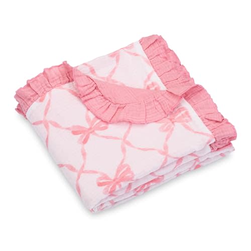 LollyBanks Muslin Baby Blanket, 100% Organic Cotton Ruffle Baby Blanket | 40 x 36 in, Soft, Breathable and Lightweight Ruffle-Edge Newborn Blanket for Stroller Rides & Cuddles (Pink Bow)
