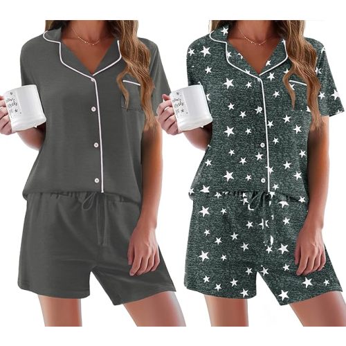 Ekouaer Womens Pajamas Set 2 Pack Button Down Summer Sleepwear Short Sleeve Comfy Pjs Loungewear Set
