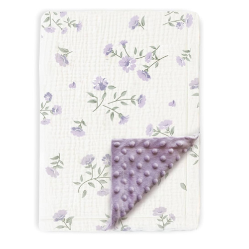 BOPRIO Baby Blankets for Unisex Boys Girls Super Soft Nursery Minky Blankets with Breathable Muslin Cotton Front and 3D Touch Dotted Fleece Backing, Floral Printed Bed Throws Newborn 30 x 40 Inch