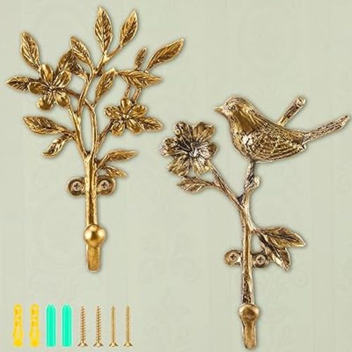 2 Pack Vintage Flower and Bird Hooks for Wall Decorative Coat Hooks Heavy Duty Farmhouse Wall Mounted Cast Iron Rack Hangers for Hanging Clothes Coats Towels Keys Hats(5.5 to 5.9 Inch)