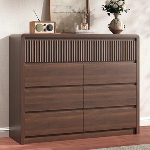Fluted 9 Drawer Dresser for Bedroom, 50” Wide Modern Dresser & Chest of Drawers with Curved Profile Design, Wood Mid Century Dressers for Bedroom, Living Room, Walnut