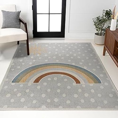 JONATHAN Y Machine-Washable Gray/Ivory/Yellow Indoor Area Rug, 5x8, Minha Rainbow Dots, Kids & Novelty, Casual, Classic, Bedroom, Kitchen, Living Room, Easy-Cleaning, Non-Shedding (KDW102A-5)