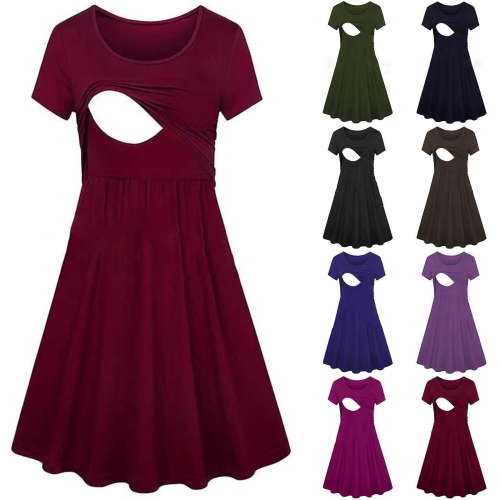 Yteetum Maternity Dresses Pregnant Women Round Neck Nursing Short Sleeve Dress Ladies Summer Fashion Crew Neck Casual Solid Color Comfortable Breastfeeding Dress