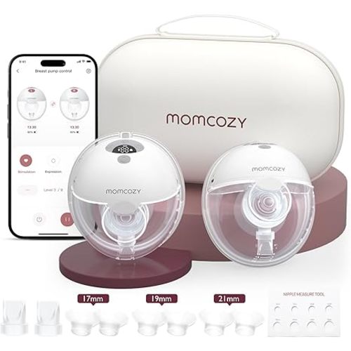 Momcozy M5 Smart APP Controlled Wearable Breast Pump, Hands-Free Wireless Electric Pump, 3 Modes 9 Suction Levels, BPA-Free, Portable Lightweight, 24mm Flange, 2-Pack Quill Gray