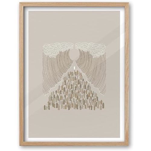 iHery Natural OAK Wood Moses Parting The Red Sea Framed Wall Art, 12x16 in Modern Christian Bible Verses Canvas Art, Sketches Crossing Decor, Beige Logs Set of 1 for Living Room Bedroom