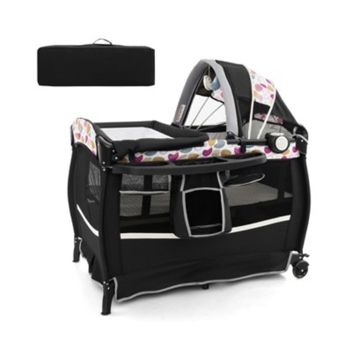 4 in 1 Pack and Play with Bassinet and Changing Table Portable Baby Playpen with Music Box Storage Rack and Mattress, Purple