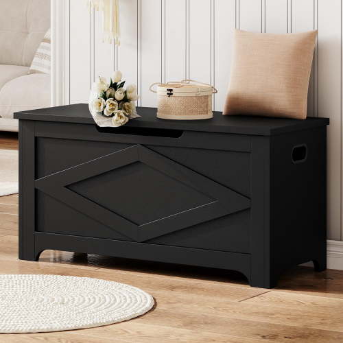 KOKEBREN 39.4"L Storage Chest, Wooden Toy Storage Bench, Modern Style Lift-Top Toy Chest with Safety Hinge for Entryway, Bedroom, Living Room,Black