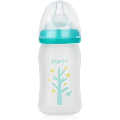 Pigeon Silicone Coating (Glass Inside/Silicone Outside) Nursing Bottle, Tree, Blue, Wide Neck, Natural Feel, Easy to Clean, Heat-Resistant, 5.4 Oz, Includes 1pc SS Nipple (0m+)