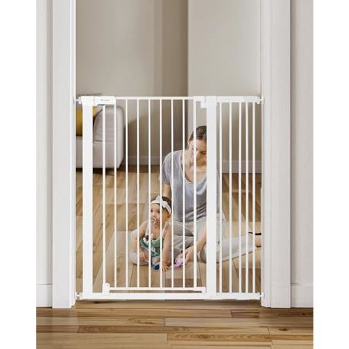 COMOMY 42" Extra Tall Baby Gate for Stairs Doorways, Fits Openings 29.5" to 40.6" Wide, Auto Close Sturdy Safety Dog Gate for House, Pressure Mounted Easy Walk Through Pet Gate with Door, White