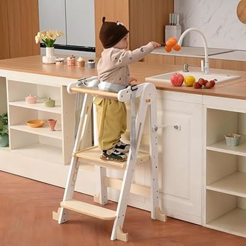 Kids Kitchen Step Stool, Foldable Toddler Tower, Height Adjustable Toddler Standing Tower with Safty Rail and Anti-Slip Device, Wooden Stool for 1.5-6 Years(White Wood)