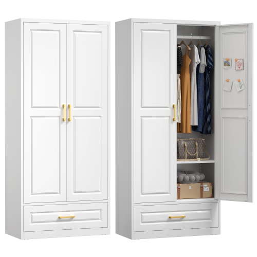 Polup Metal 71“ H Armoire Wardrobe Closet with Drawer, Adult White Wardrobes with Doors ,Hanging Rod