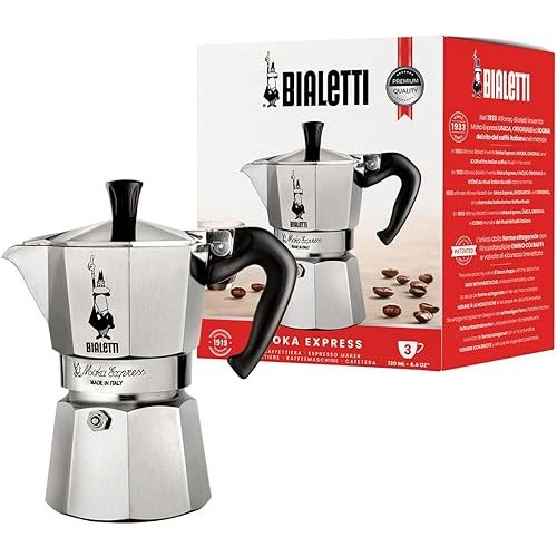 Bialetti Moka Express Iconic Italian Stovetop Espresso Maker 3 Cups, Aluminium, Silver