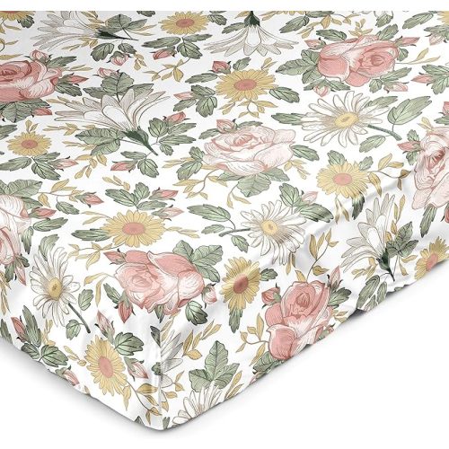 Sweet Jojo Designs Vintage Floral Boho Girl Baby Satin Fitted Crib Sheet Infant Newborn Nursery Toddler Bed Room Standard Mattress Blush Pink Yellow Bohemian Shabby Chic Farmhouse Sage Green White