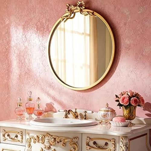 Vintage Round Gold Bow Mirror 21"x20" Antique Bathroom Vanity Mirrors Antique Metal Ornate Circle Wall Mirror, Baroque Style Bow Decor for Home Table, Bedroom, Living Room, Hallway