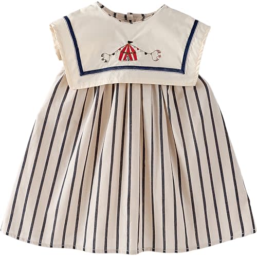 Baby Girls Sleeveless Navy Collar Striped Dress with Embroidery, 6 Months-12 Years, Summer Casual Style