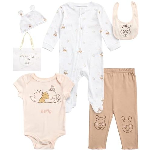 Disney Newborn Baby Girl Boy Clothes - 7 Piece Mickey Mouse Winnie the Pooh Bib Onesie Overall Beanie Pants Gift Bag Gift Set