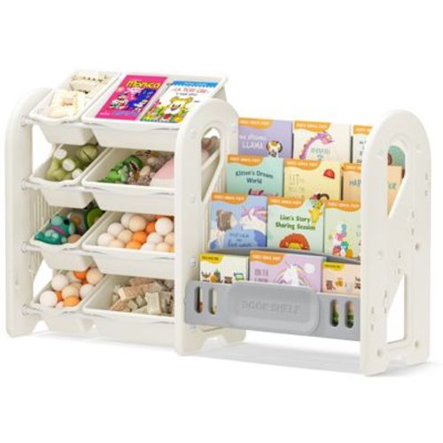 Toy Storage Organizer with 4-Tier Bookshelf and 8 Bins Kids Book Rack Cabinet HDPE for Playroom Bedroom Nursery Freestanding