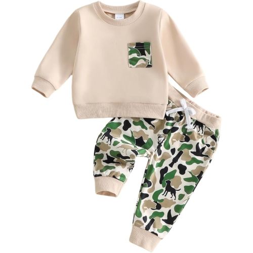PUHHAPIEY Toddler Boy Clothes Baby Outfits Fall Winter Camo Hunting Retro Pullover Sweatshirts + Camouflage Pants Set