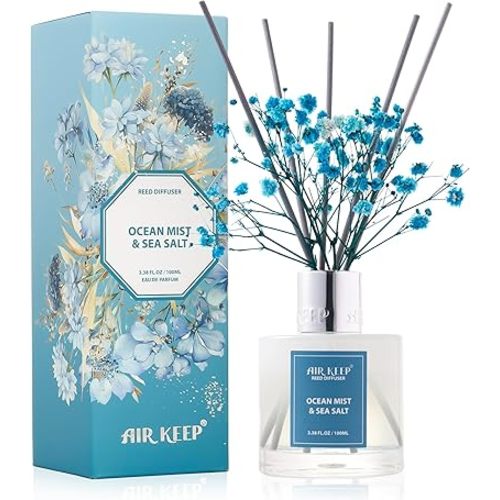 Airkeep Reed Diffuser Set,3.38 fl oz (100 ml) - Ocean Mist&Sea Salt Oil Diffusers with 8 Reed Sticks,Home Fragrance Reed Diffuser for Bathroom Shelf Decor