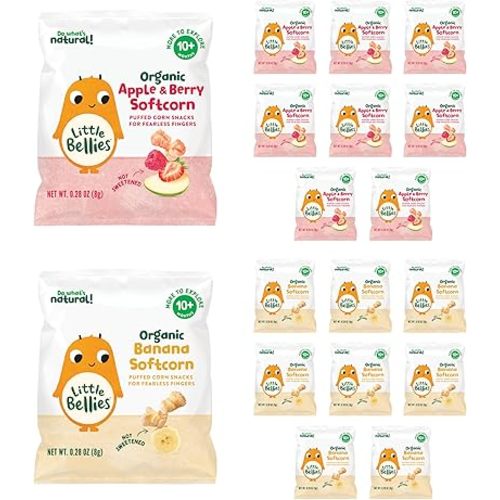 Little Bellies Organic Softcorn Variety Pack, Apple & Berry and Banana (Pack of 18 x 0.28 oz Individual Packs)