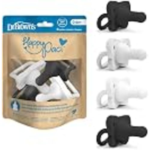 Dr. Brown's HappyPaci Baby Pacifier, Black, Gray, White, 0-6m, 4-Pack | Pack of 4 Pacifiers, 100% Silicone, Contoured One-Piece Design, BPA-Free
