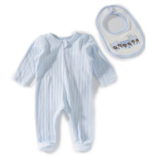 Mud Pie Baby Boys Pointelle Footed Sleeper With Train Appliqued Bib 2-Piece Set