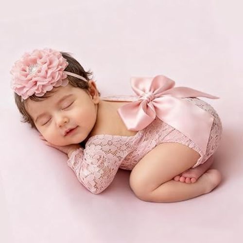 Newborn Photography Outfits Girl Newborn Photography Props Lace Romper with Headband Infant Photo Shoot Outfits Girls Photo Props Baby Girl Photoshoot