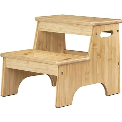 Forbena Wooden Bathroom Step Stool for Toddlers, Heavy Duty Kids 2 Step Stool for Bathroom Sink Kitchen Counter, Bamboo Wood Non-Slip Baby Children Potty Stepping Stool Seat with Handles for Toilet